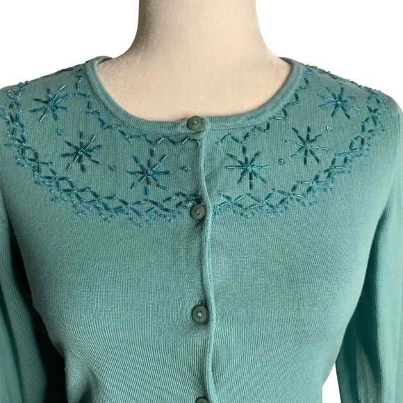 Norton McNaughton Beaded Cardigan Sweater S Blue Green Button Up Long Sleeve - Picture 2 of 6